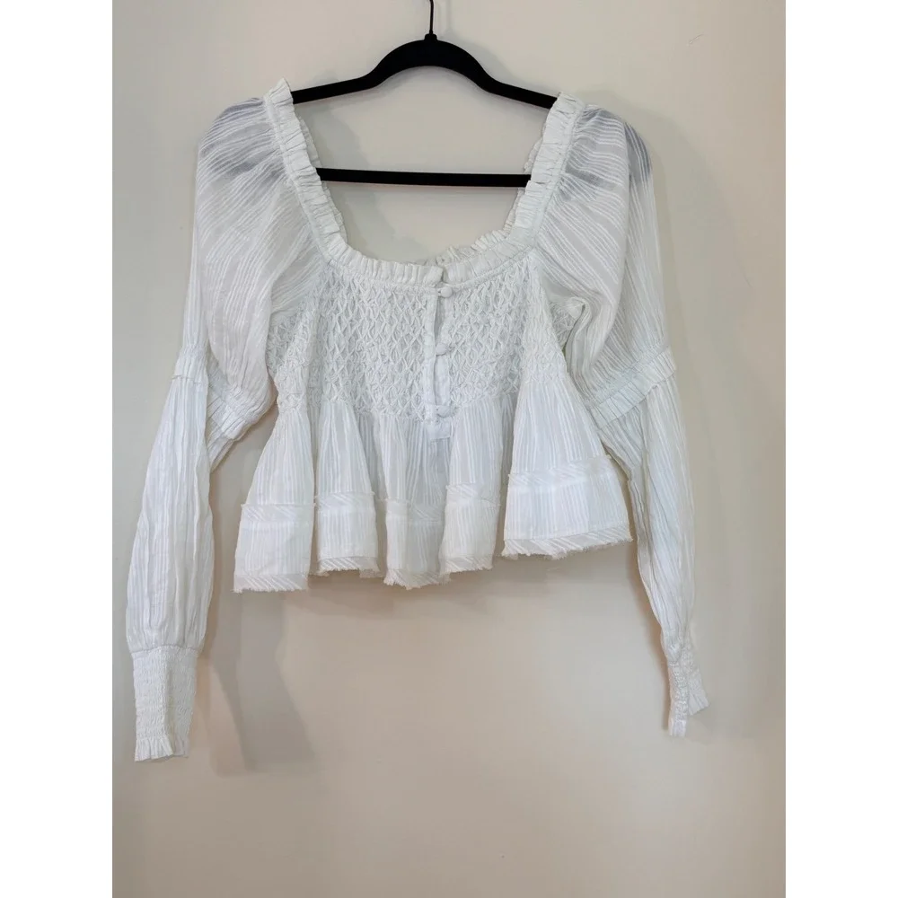 Anthropologie‎ White Smocked Peplum Blouse Square Neck Long Sleeve